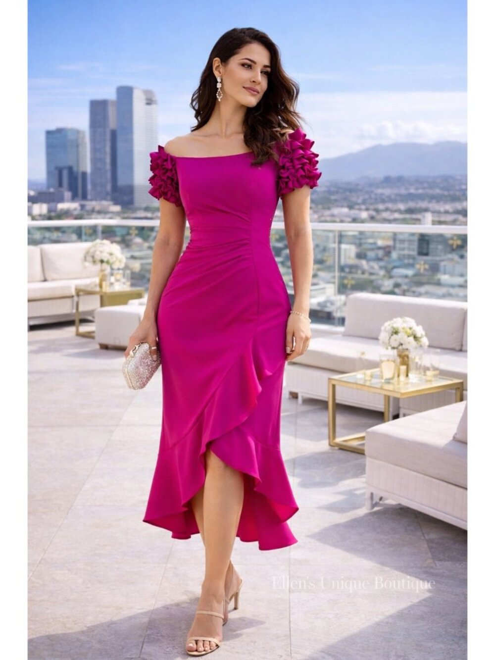 Xscape Ruffled Off-The-Shoulder Scuba Crepe Midi Dress Size 4 New With Tags - Picture 12 of 16